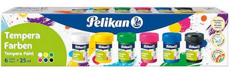Pelikan Tempera-Farben, malfertige Schulmalfarben, inkl. kleinem Pinsel und Mischpalette, je 25 ml, 6 Farben