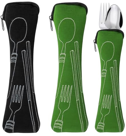 Bestecktasche für Unterwegs Leer 2 Stück Lange Besteckkoffer Tragbare Besteckbox to go Ohne Besteck für Schule Picknick Besteck Aaufbewahrung - (23,5 x 6 cm) (Grün, Schwarz)