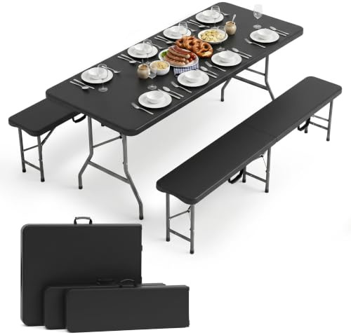 Sekey Bierzeltgarnitur Klappbar, Klapptisch + 2 Bierbänke für 8 Personen | 180x74x74cm, Gartenmöbel 3er Set, Bierbankgarnitur mit Tragegriffe, für Garten, Balkon, Camping & Party, Schwarz