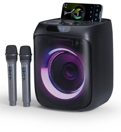 Karaoke Maschine mit 2 Mikrofonen Tragbare PA Anlage mit Fernbedienung Karaoke Box mit LED-Lichtern, Bluetooth Musikbox, FM Radio, TWS, TF/USB/AUX für Indoor/Outdoor Party