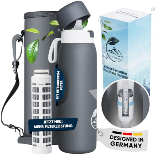 BLATTBERG Wasserfilter Flasche Outdoor 740ml Edelstahl | 1500L Filterkapazität | Entfernt 99,9999% Bakterien Viren PFAS Schwermetalle Mikroplastik | Notfall Wasserfilter für Survival, Reisen, Camping