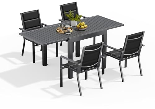 Devoko Gartenmöbel Set 4 Personen,4+1 Aluminium Tisch und Stühle Set Balkonmöbel, 4 Stapelbare Gartenstühle und 1 80/160 cm Dehnbarer Gartentisch,Terassen möbelsets außen Lounge, Dunkelgrau