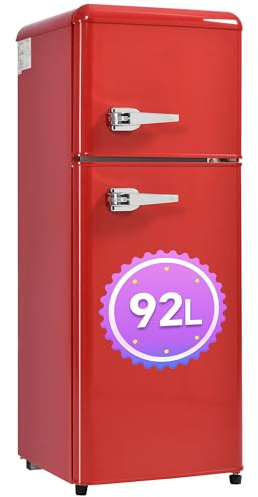 DRIXNO Retro-Kühlschrank, 92 Liter Gefrierkombination, 28 Liter Gefriervolumen, 105.5 cm hoch, 41 cm breit, Zweitürig, 116 kWh/Jahr, -27°C ~13°C, LED-Licht, rot, [Energieklasse D]