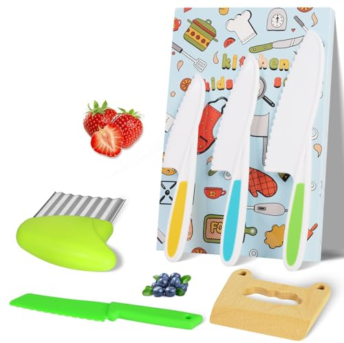 HOTUT Kindermesser, 6 Stück Kinder-Küchenmesser-Set, zum Schneiden und Kochen von Obst oder Gemüse für Kleinkinder, inklusive Holz Kindermesser, Kartoffelschneider, Kunststoff-Kleinkindmesser