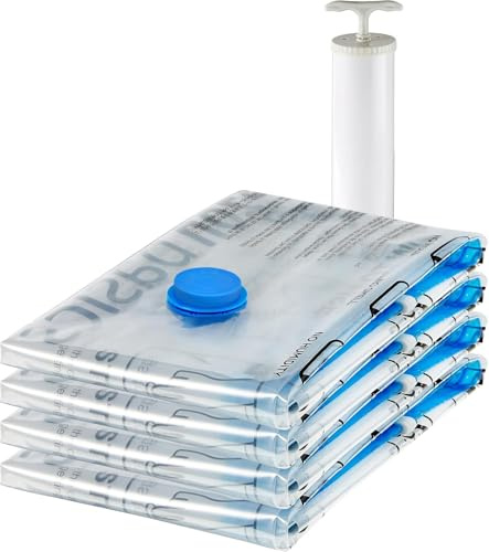 Amazon Basics Vakuum-Kompressionsbeutel, Aufbewahrungsbeutel, mit Handpumpe, Reißverschluss, Größe X-Jumbo, 4-er Pack, für Kleidung, Transparent