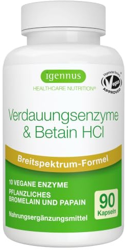 Schnell wirkender Verdauungsenzyme Komplex mit Betain HCl & Bromelain, 10 vegane Enzyme mit Papain & Lipase, umfassende Verdauungshilfe, hypoallergen, 90 Kapseln, von Igennus