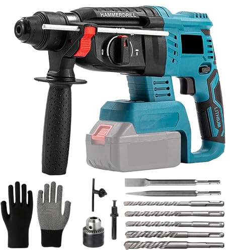Professional 18V System Akku Bohrhammer,Kompatibel mit Makita Akku 18V mit 10 Stück Bohrer, Anti-Vibrationsgriff und Sicherheitskupplung (ohne Akkus und Ladegerät)