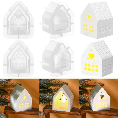 Maitys 4 Stück Silikonformen Gießformen Häuser 3D Silikonform Haus Weihnachten Gießformen Silikon Kerzenhalter Silikonform für Bastelarbeiten Gips Kerzen Heimwerken