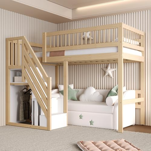 Etagenbett 90x200, Kinderbett Hochbett mit Treppe & Aufbewahrungsschrank, Massivholz Funktionsbett Einzelbett Stockbett Spielbett Kinderhochbett Jugendhochbett mit Lattenrost, Ohne Matratze,Holzfarbe