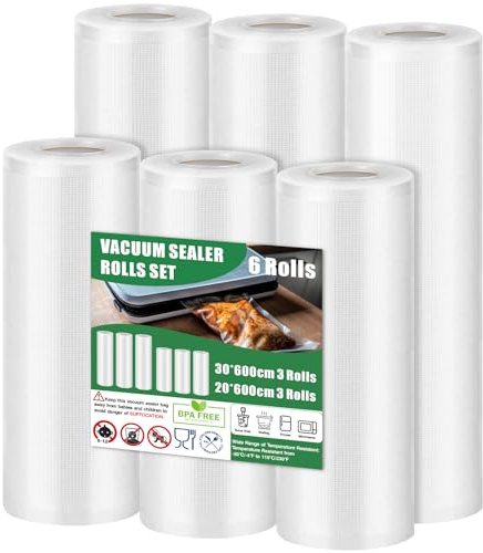 Vakuumierbeutel 6 Rollen Set - 3 Rollen 30x600cm & 3 Rollen 20x600cm Vakuumierfolie 190µm - Vakuumrollen BPA-frei für Alle Vakuumierer, Kochfest und Sous Vide Gefrierbeutel