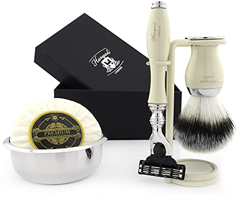 Premium Shaving Kit Geschenk für Männer (Dreikanten-Kartusche Rasierer, Pinsel, Schüssel, Stand) Marken-Box