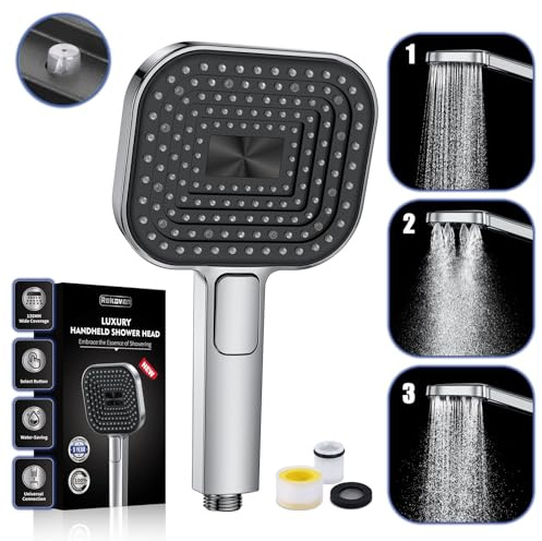 Duschkopf Wassersparend, Duschbrause Groß 135mm, Handbrause mit Antikalk-Funktion 【Lebensmittelechtes Silikon】【43% Wassereinsparung】, AirMix Brausekopf Dusche mit 3 Strahlarten, Chrom (Ohne Schlauch)