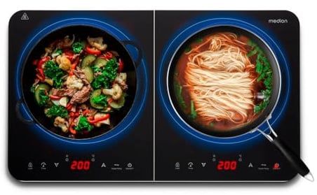 MEDION Doppel-Induktionskochplatte, 3500 Watt, Zwei Kochplatten, 10 Temperaturstufen, LED Display, MD18493, schwarz