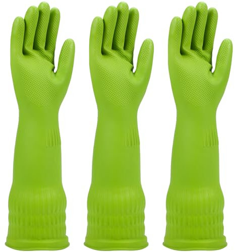 Gummi-Spülhandschuhe, 3 Paar für die Küche, Reinigung von Geschirrhandschuhen, lang für den Haushalt, wiederverwendbar, langlebig. (klein, grün)