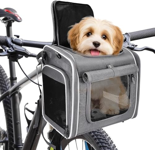 Hundekorb Fahrrad Vorne, 4-in-1 Hundekorb für Fahrrad, Erweiterbarer Hunderrucksack, Hunde-Fahrradkorb mit 4 Mesh-Fenster, 4-Offenen Türen, Haustier-Reisetasche für Kleine Katzen und Hunde