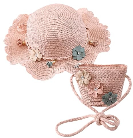 HIMKI Strohhut Tasche Set Kinder Sonnenhut Süßer Sommer Strandhut + Strohtasche für Mädchen Reisehut mit Blumendeko für den Urlaub Reise Outdoor, Kopfumfang: 52-53 cm