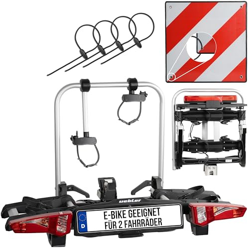 Uebler Fahrradträger i21 Z 90° für 2 Fahrräder Auto Kupplungsträger klappbar E-Bike MTB inklusive reflektierende Warntafel 50x50cm + 4 Spanngummis