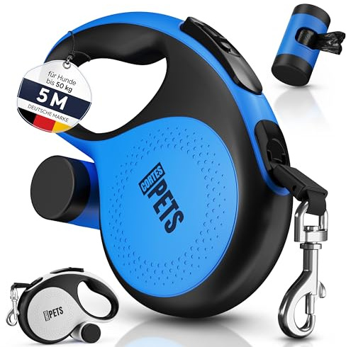 CORTES PETS Rollleine Hundeleine 5m für große & Kleine Hunde bis 50 kg - Ausziehbare Hundeleine 5 m mit Kotbeutel - Retractable Dog Leash - Flexi ble Leine - Ausziehleine Hund