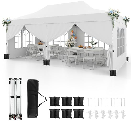 COSTWAY Pavillon 3x6m, Pop Up Faltpavillon mit 6 Seitenwänden & 6 Sandsäcke, Gartenpavillon Wasserdicht Stabil Winterfest, UV Schutz 50+, Partyzelt mit Tragetasche für Garten Party Hochzeiten (Weiß)