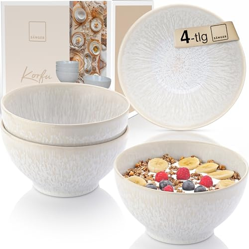 Sänger Korfu Müslischalen Set 4 Personen aus Steingut, Beige, 600 ml | Bowl Schüssel, Müslischüssel und Salatschale für Frühstück & Snacks, spülmaschinenfest, mikrowellenfest, sandige Maserung