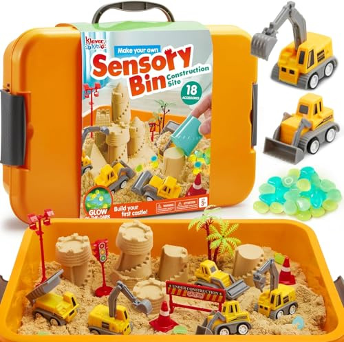 Klever Kits Magic Sand Set Spielsand Baustelle Kinder Koffer Spielsand für Kinder,Baustellen Sandkasten mit 18 Zubehörteilen,Leuchtenden Steinen,Zaubersand Sandspielzeug für Jungen ab 3 4 5 6 7 8 9