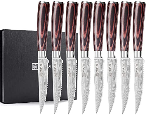 PAUDIN Steakmesser 8-teilig Set, Hochwertige Deutsche Edelstahl Steak Messer, Ultrascharfe Gezackte Klinge und Ergonomischer Holzgriff, Tafelmesser mit Geschenkbox
