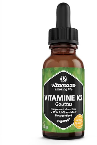 Vitamin K2 Tropfen hochdosiert & vegan 200 mcg Vitamin K2 flüssig pro Tagesdosis, 50 ml (1700 Tropfen), MK-7 Menaquinon (> 99% All-Trans-Form), ohne unnötige Zusatzstoffe, Made in Germany