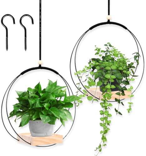 GTJEOI Blumenampel Hängend Innen, 2 Stück Hängende Pflanzgefäße mit Holzsockel, Hängepflanzen Topf Schwarz, Hängender Blumenampel, Blumen-ampel Pflanzenhalter für Wände Decken Garten Balkon