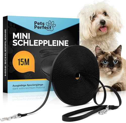 PETS PERFECT SCHLEPPLEINE 15M – Lange Leine Hund für Training & Freilauf – Schleppleine Kleine Hunde extra leicht & robust für Hunde und Katzen – Schwarz