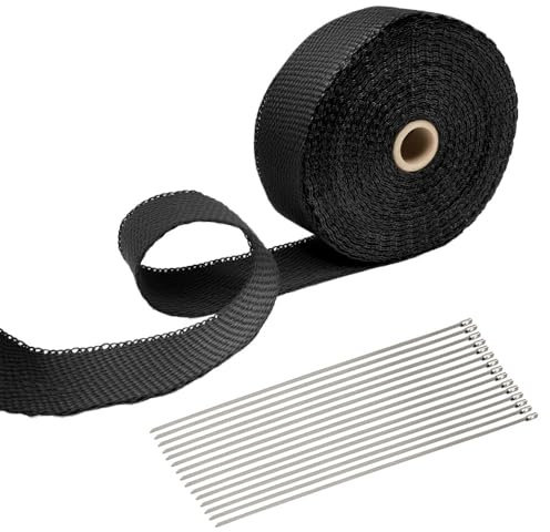 Hitzeschutzband Auspuff 15m x 5cm, Auspuffband Krümmerband mit 15pcs Edelstahl Kabelbinder, Isolierband Hitzeschutzband für Auto Motorrad Auspuff Fächerkrümmer - Schwarz