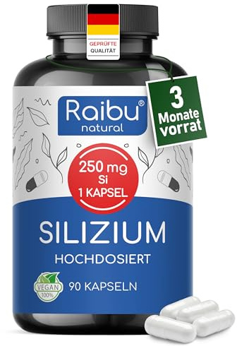 Raibu Silizium Kapseln hochdosiert - 667mg organisches Silica hochdosiert aus Bambusextrakt - 90 Kapseln für 3 Monate - Ohne Zusätze, in Deutschland produziert Vegan