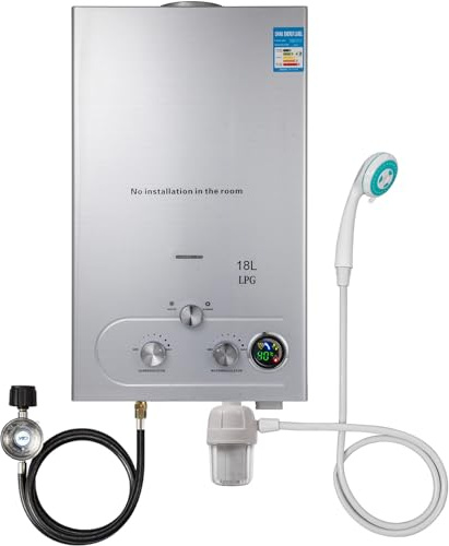 Gas-Wassererhitzer, 18LPM 36KW tragbarer wasserloser Durchlauferhitzer, instantaner Propangas-Wassererhitzer mit digitalem Display und Mehrfachschutz für Camping- und Wohnmobilreisen (18L)