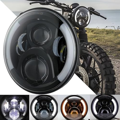 DREAMIZER 7 Zoll LED Motorrad Scheinwerfer E-geprüft mit weißem Tagfahrlicht Angel Eye Bernstein Blinker Kompatibel mit Harley Road King Street Glide Softail Electra Glide J-eep Wrangler JK TJ