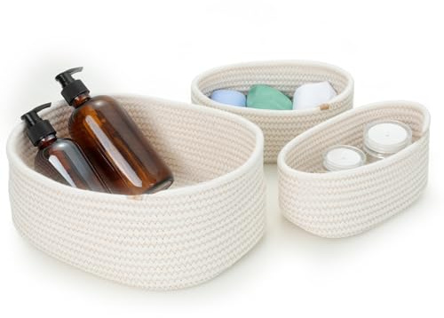 Cozary Aufbewahrungskorb Aus Baumwolle – Handgefertigter Badezimmer Organizer & Multifunktionskorb (2 Größen) – Aufbewahrungskorb Geflochten Für Bad, Küche, Kinderzimmer – 3 Stück