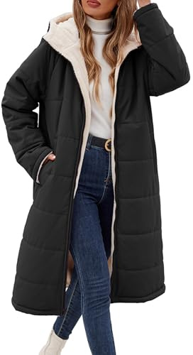 Vancavoo Wintermantel Damen Lang Gefütterte Winterparka Steppmantel | Winterjacke Wendejacke mit Fleece, fester Kapuze, durchgehendem Reißverschluss und Taschen
