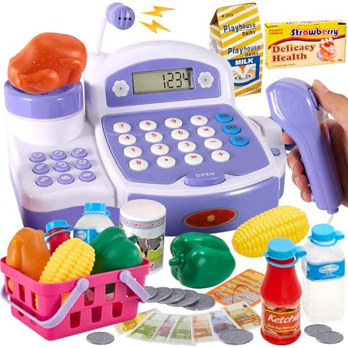 BUYGER Groß Elektronische Kasse Kaufladen Kinder, mit Scanner Waage Mikrofon, Spielkasse mit Litcht und Sound, Kasse Spielzeug für Kinder Mädchen ab 3 Jahre