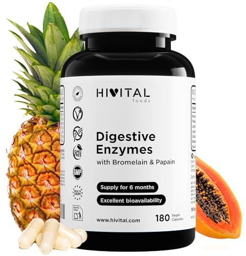 Verdauungsenzyme. 180 vegane Kapseln für eine 6-monatige Kur. | Amylase, Protease, Laktase, Lipase, Cellulase, Bromelain und Papain. Hergestellt von HIVITAL