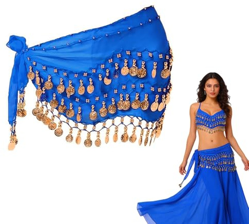 Bauchtanz Hüfttuch Gürtel Damen mit 90+ Münzen Bauch Tanz Kostüm Gürtel Rock Belly Dance Tanztuch Orientalischen Tanz Accessoires für Aufführungen Partys, aus Chiffon, ca. 140 cm Lang, Blau, 1 Stück