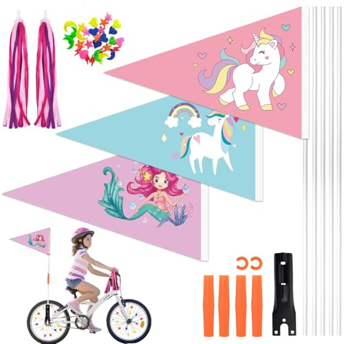 ZJKUBOIS 3 Stück Fahrradfahne für Kinder, Fahrradwimpel Kinder Set mit 5 Stück Fahnenmast, Bunt Fahrradspeichen Deko, Lenker Quasten, Fahrrad Deko Zubehör für Jungen und Mädchen Kinderrad (Mädchen)