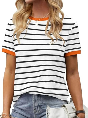 Fisoew Damen Gestreiftes T Shirt Rundhals Top Baumwolle | Sommer,Streifen,Oberteile,Kurzarm,Basic Bluse,Tunika