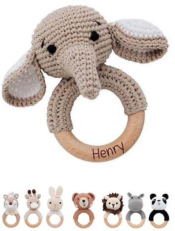 Bärenfreunde Greifling, Babyrassel, Beißring Baby personalisiert | Holz Rassel, Geschenk Geburt, Kuscheltier, Spielzeug für Mädchen und Jungen, Taufgeschenk mit Namen