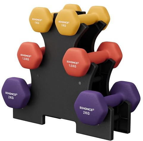 SONGMICS Kurzhantel Set, Hexagon, mit Hantelständer, 2 x 1 kg, 2 x 1,5 kg, 2 x 2 kg, mattes Finish, Neopren-Beschichtung, Krafttraining, zu Hause, limettengrün, gelb, orange und lila SYL69BK