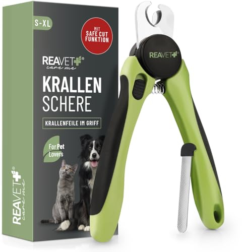 ReaVET Krallenschere für Hunde & Katzen - Inklusive Krallenfeile & Abstandshalter I Edelstahl Krallenzange zur Krallenpflege, Krallenschneider I Nagelschere Nagelknipser Hund