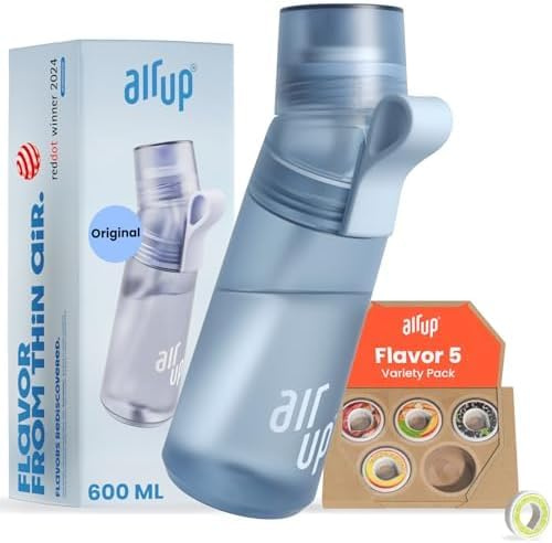 air up Trinkflasche (600 ml) für Schule, Sport, Gym | inkl. 5 zuckerfreien Duft-Pods & Strohhalm | Wasserflasche in Blau mit Geschmack - auch für Kinder, Jungen, Mädchen | Kohlensäure-geeignet