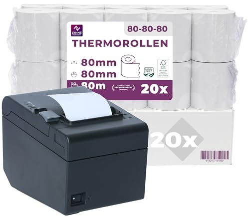 Thermorollen 80mm x 80m x 12mm - Kassenrollen - Bonrollen für Registrierkasse - Bondrucker - Thermopapier – BPA Frei (20 Rollen)