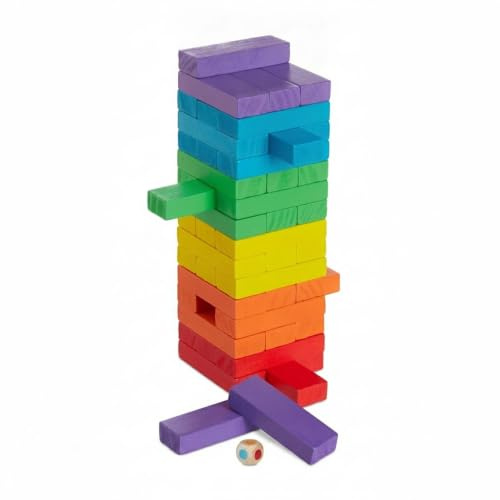 Relaxdays Holz Wackelturm, 48 Bausteine zum Stapeln, Würfel, bunt | für Kinder ab 3 Jahren, Geschicklichkeit, Stapelturm