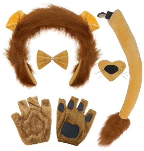 FUIPVGI 5 Stück Löwe Kostüm Zubehör Set Löwenohren Plüsch Stirnband Schwanz Nase Fliege und Handschuhe Kostüm Set,Tier Kostüm Set für Kinder Erwachsene Thema Party Favors Weihnachten Halloween(Löwe)