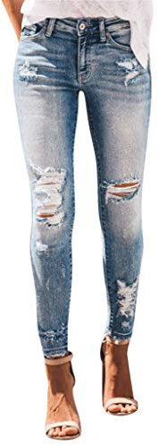 KKPW Women's Stretch Jeans Slim Ripped Trousers with Visible Button Placket Elegant High Waist Skinny Trousers Streetwear Fashion Stretchy Jeans, Blue, L