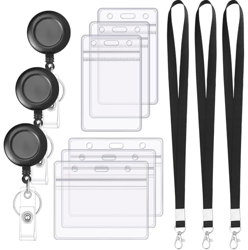 Ausweishülle mit Band Set, 6 Stück Transparente Kartenhülle mit 3 Einziehbarem Schlüsselanhänger Badge Holder Karten für Studenten Mitabeiter Arzt