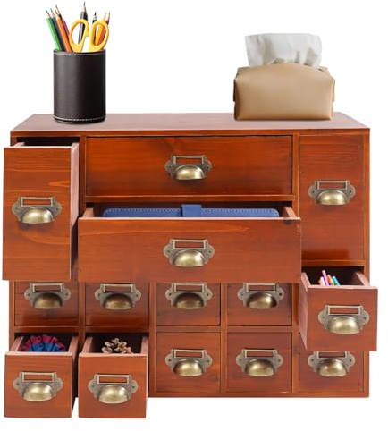 Mini Kommode mit 14 Schubladen, Vintage Schubladenbox Holz Apothekerschrank Desktop Storage Cabinet für Lagerung Decoupage & Dekoration, Braun